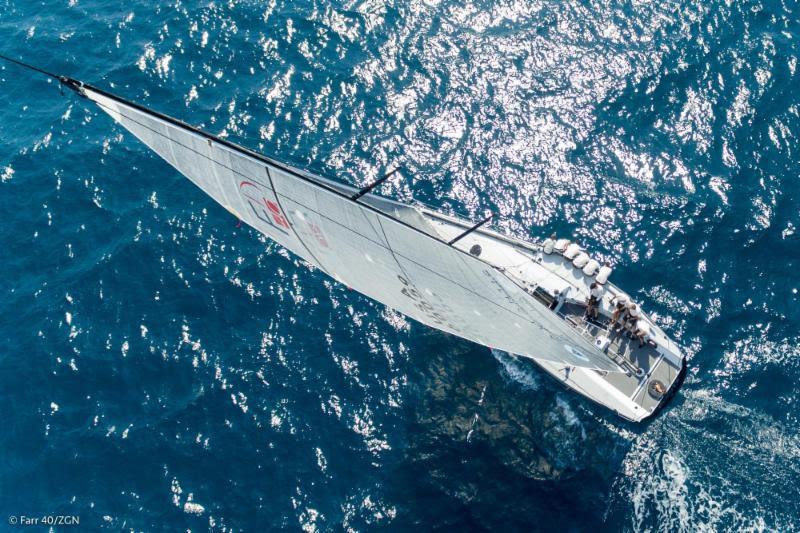 An overhead shot taken from a helicopter shows Plenty, the American entry led by owner-driver Alex Roepers, in perfect trim while sailing upwind on the Gulf of Gaeta photo copyright Farr 40 / ZGN taken at Yacht Club Gaeta and featuring the Farr 40 class