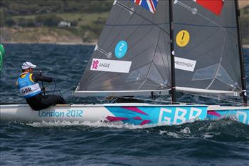 Ben Ainslie and Jonas Hogh-Christensen on day three of the London 2012 Olympic Sailing Competition