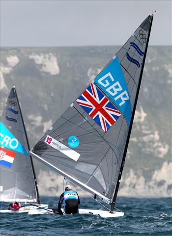 Finn racing on day six of the London 2012 Olympic Sailing Competition