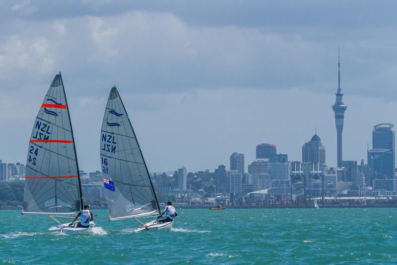 Andrew Murdoch and Josh Junior on day 3 of the Oceanbridge Sail Auckland Regatta photo copyright Oceanbridge Sail Auckland taken at Royal Akarana Yacht Club and featuring the Finn class