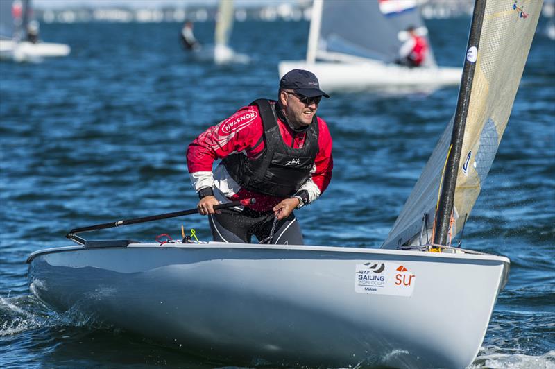 Harles Liv rounds the top mark in the lead on day 2 of ISAF Sailing World Cup Miami photo copyright Walter Cooper / US Sailin taken at Coconut Grove Sailing Club and featuring the Finn class