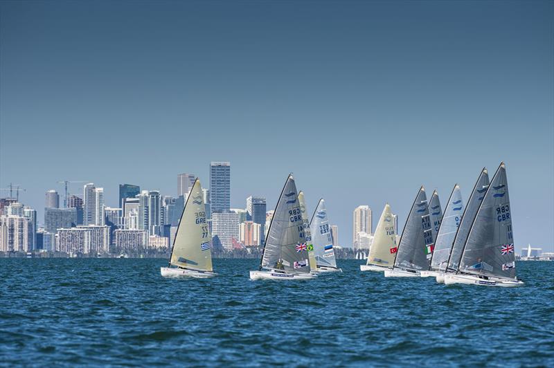 Ioannis Mitakis (GRE 77) leads the pack on day 2 of ISAF Sailing World Cup Miami photo copyright Walter Cooper / US Sailin taken at Coconut Grove Sailing Club and featuring the Finn class