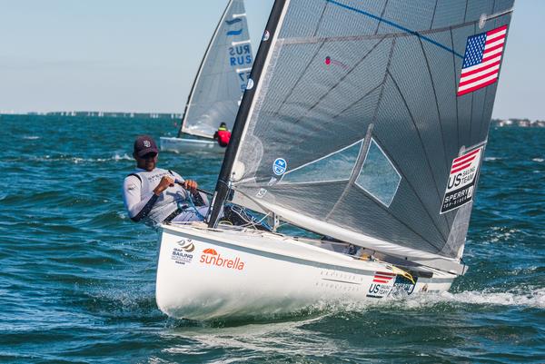 Caleb Paine on day 2 at ISAF Sailing World Cup Miami photo copyright Jen Edney taken at Coconut Grove Sailing Club and featuring the Finn class
