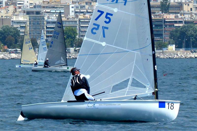Laurent Hay on day 1 of the Finn World Masters at Kavala photo copyright Claire ADB taken at Nautical Club of Kavala and featuring the Finn class