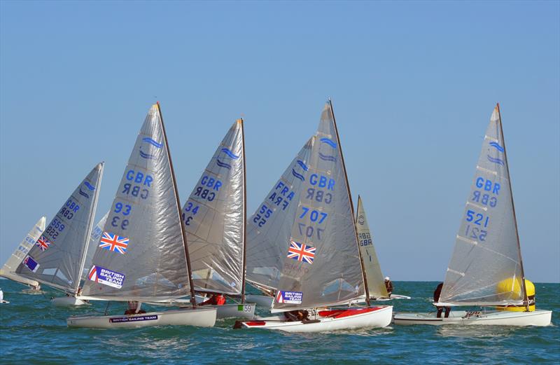 Race 2 on day 1 of the British Open Finn Nationals at Hayling Island photo copyright Richard Beasley taken at Hayling Island Sailing Club and featuring the Finn class