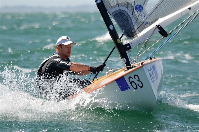 Andrew Mills on day 2 of the British Open Finn Nationals at Hayling Island photo copyright Richard Beasley taken at Hayling Island Sailing Club and featuring the Finn class
