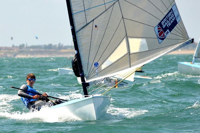 Hector Simpson on day 2 of the British Open Finn Nationals at Hayling Island photo copyright Richard Beasley taken at Hayling Island Sailing Club and featuring the Finn class