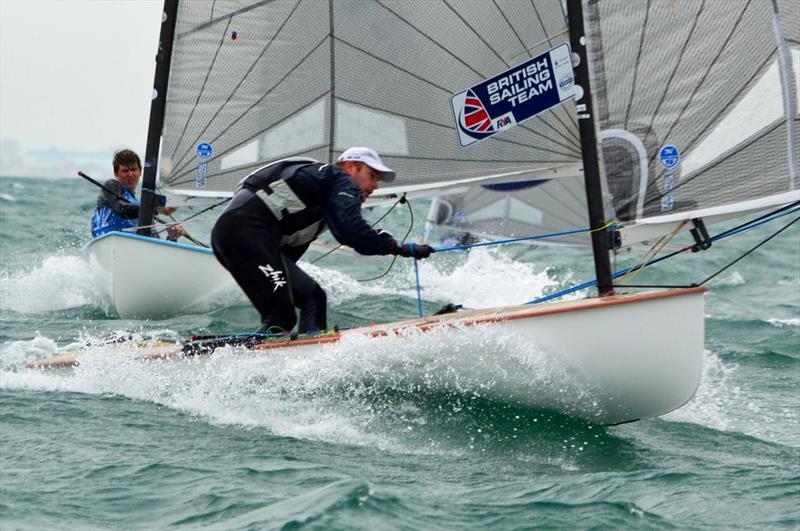 Andrew Mills leads Hector Simpson  on day 3 of the British Open Finn Nationals at Hayling Island photo copyright Richard Beasley taken at Hayling Island Sailing Club and featuring the Finn class