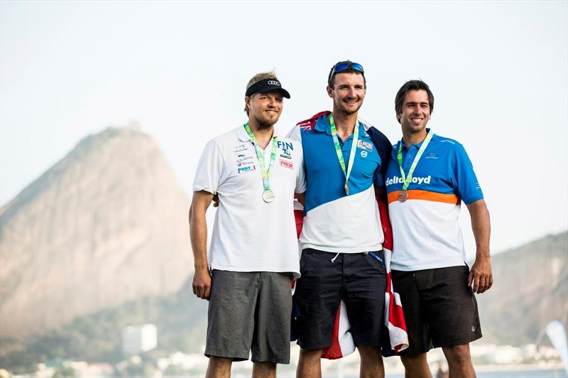 Finn Podium (l-r) Tapio Nirkko (2nd), Giles Scott (1st) & Pieter-Jan Postma (3rd) at the Aquece Rio – International Sailing Regatta - photo © Pedro Martinez / SailingEnergy / ISAF