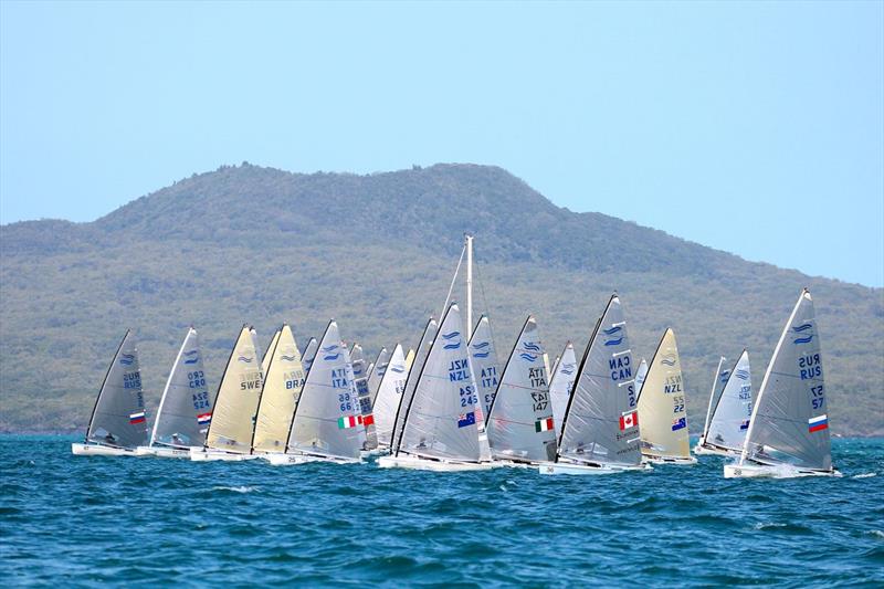 Race 2 starts off Rangitoto on day 1 of the Finn Gold Cup in New Zealand - photo © Robert Deaves