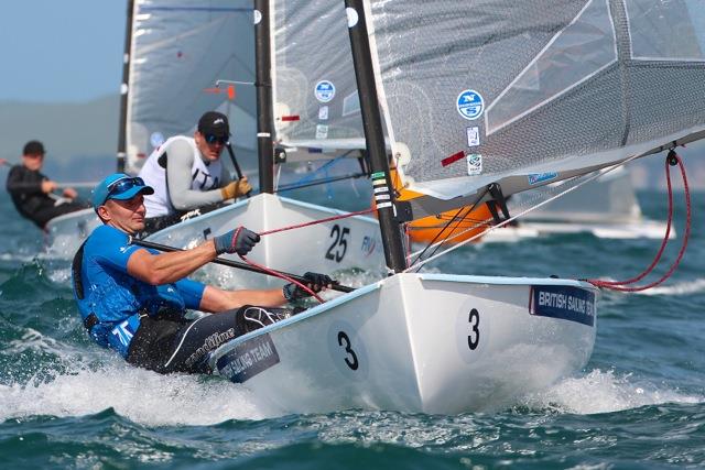 Giles Scott on day 1 of the Finn Gold Cup in New Zealand photo copyright Robert Deaves taken at Takapuna Boating Club and featuring the Finn class