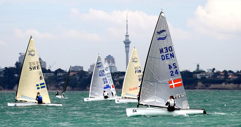Andre Hojen Christiansen leads the race on day 2 of the Finn Gold Cup in New Zealand photo copyright Robert Deaves taken at Takapuna Boating Club and featuring the Finn class