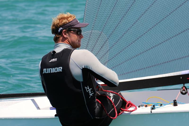 Josh Junior at the Finn Gold Cup in New Zealand photo copyright Robert Deaves taken at Takapuna Boating Club and featuring the Finn class