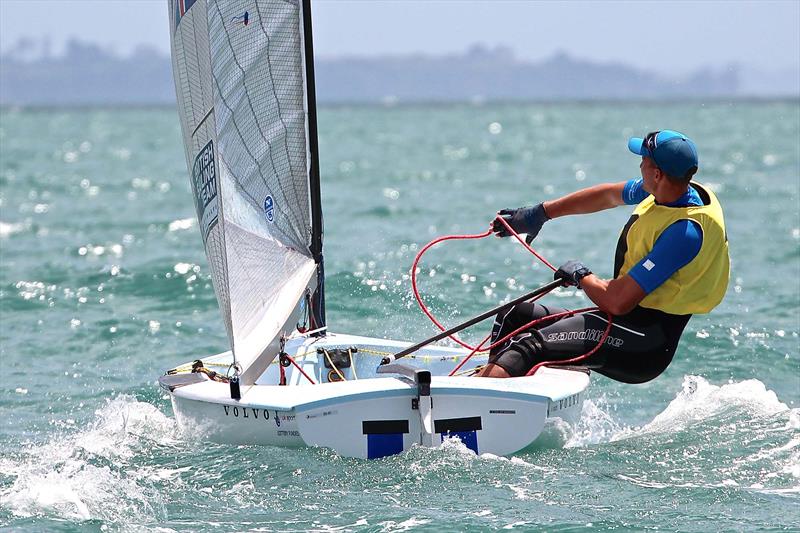 Giles Scott on day 4 of the Finn Gold Cup in New Zealand photo copyright Robert Deaves taken at Takapuna Boating Club and featuring the Finn class