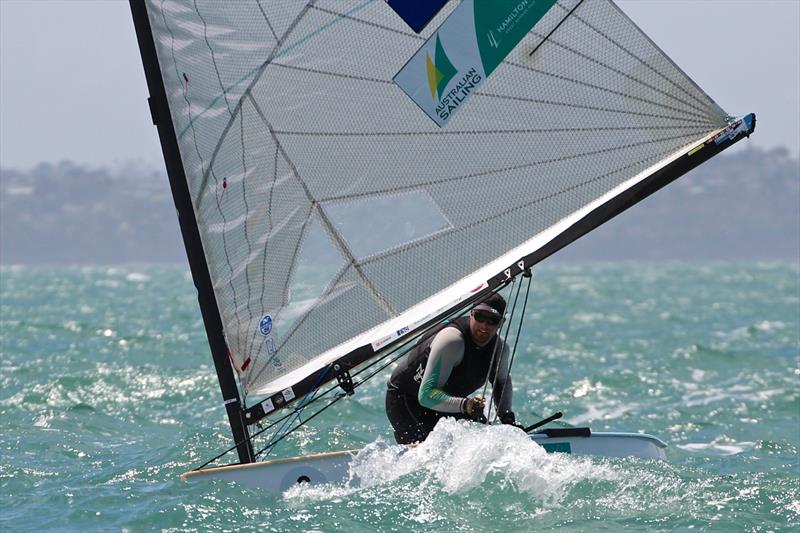 Oliver Tweddell on day 4 of the Finn Gold Cup in New Zealand photo copyright Robert Deaves taken at Takapuna Boating Club and featuring the Finn class