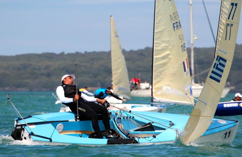 Ioannis Mitakis during the medal race at the Finn Gold Cup in New Zealand photo copyright Robert Deaves taken at Takapuna Boating Club and featuring the Finn class