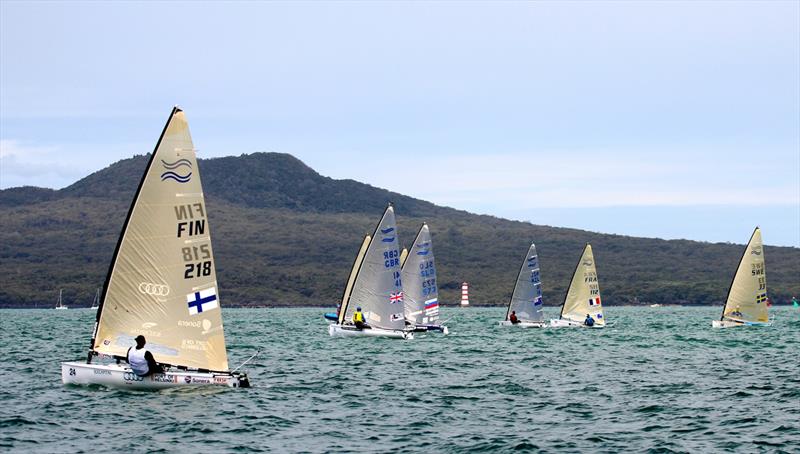 The first upwind leg during the medal race at the Finn Gold Cup in New Zealand photo copyright Robert Deaves taken at Takapuna Boating Club and featuring the Finn class