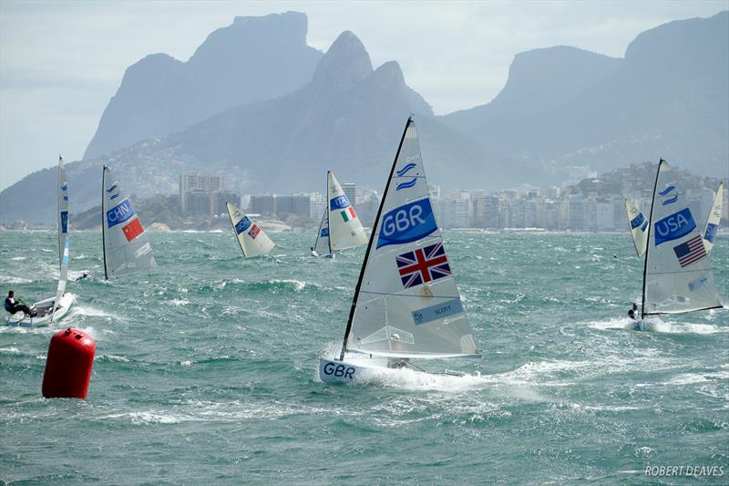 Spectacular Finn racing on day 4 of the Rio 2016 Olympic Sailing Competition photo copyright Robert Deaves taken at  and featuring the Finn class