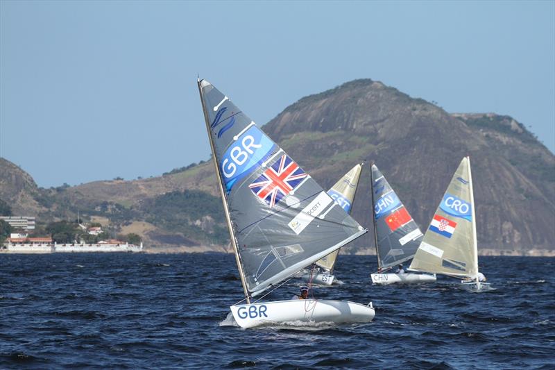 Giles Scott leading Race 7 in the Finn class at the Rio 2016 Olympic Sailing Competition photo copyright Robert Deaves taken at  and featuring the Finn class