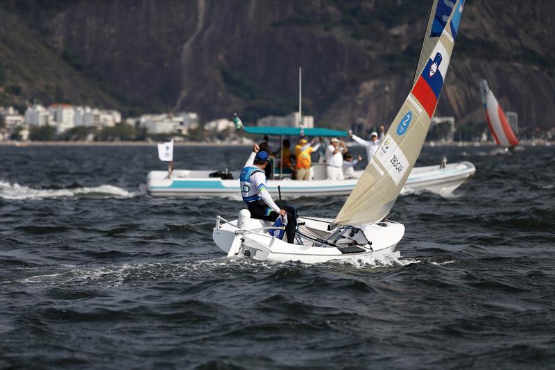 Vasilij Zbogar celebrates silver in the Finn class at the Rio 2016 Olympic Sailing Competition - photo © Sailing Energy / World Sailing
