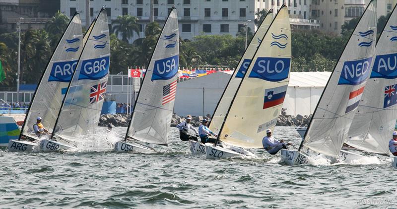 Medal Race start in the Finn class at the Rio 2016 Olympic Sailing Competition photo copyright Robert Deaves taken at  and featuring the Finn class