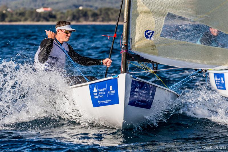 Jonathan Lobert, FRA on day 4 of World Cup Hyères photo copyright Robert Deaves taken at COYCH Hyeres and featuring the Finn class