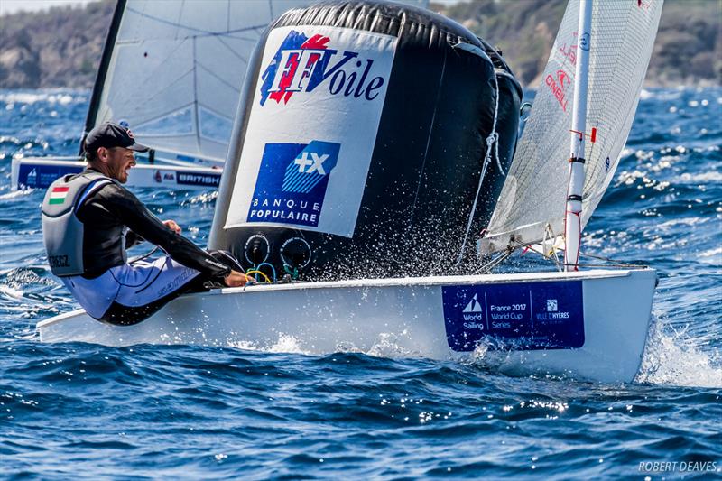 Zsombor Berecz on day 5 of World Cup Hyères photo copyright Robert Deaves taken at COYCH Hyeres and featuring the Finn class