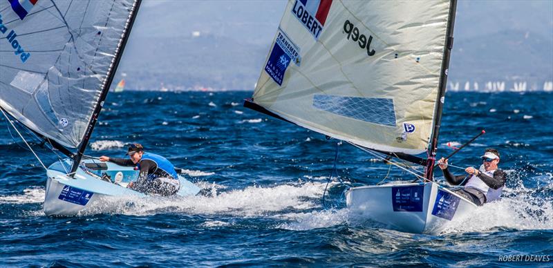 Nicholas Heiner and Jonathan Lobert on day 5 of World Cup Hyères photo copyright Robert Deaves taken at COYCH Hyeres and featuring the Finn class