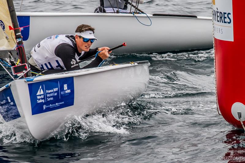 Jonathan Lobert on the final day at World Cup Hyères photo copyright Robert Deaves taken at COYCH Hyeres and featuring the Finn class