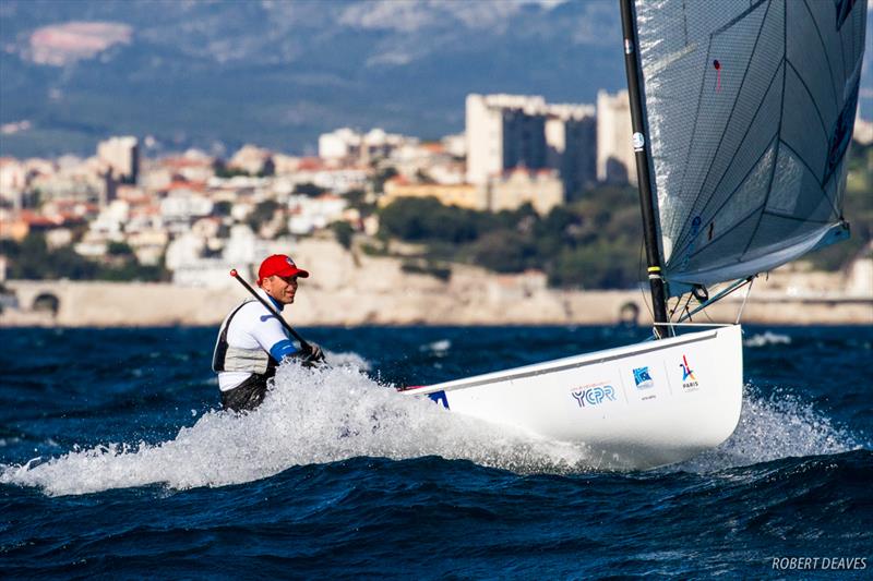 Ed Wright (GBR) on day 1 of the Finn Europeans in Marseille photo copyright Robert Deaves taken at Yachting Club De La Pointe Rouge and featuring the Finn class