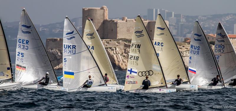 Racing on day 5 of the Finn Europeans in Marseille photo copyright Robert Deaves taken at Yachting Club De La Pointe Rouge and featuring the Finn class