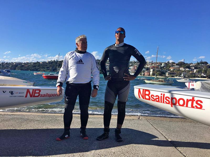 Rob McMillan with Rockal Evans from Bermuda, who has just started training at the Sydney based Finn Academy photo copyright NB Sailsports taken at  and featuring the Finn class