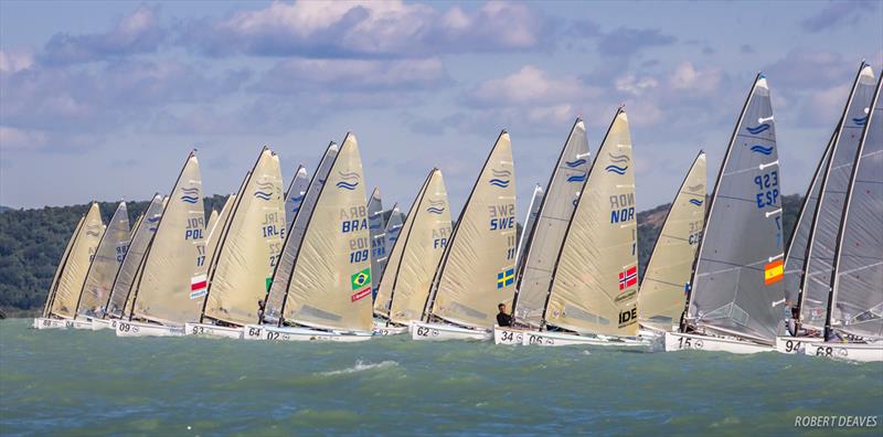 Race start on day one of the 2017 Opel Finn Gold Cup at Lake Balaton photo copyright Robert Deaves taken at Spartacus Sailing Club and featuring the Finn class