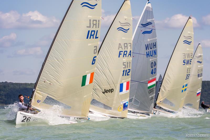 Oisin Mcclelland leads in Race 1 on day one of the 2017 Opel Finn Gold Cup at Lake Balaton photo copyright Robert Deaves taken at Spartacus Sailing Club and featuring the Finn class