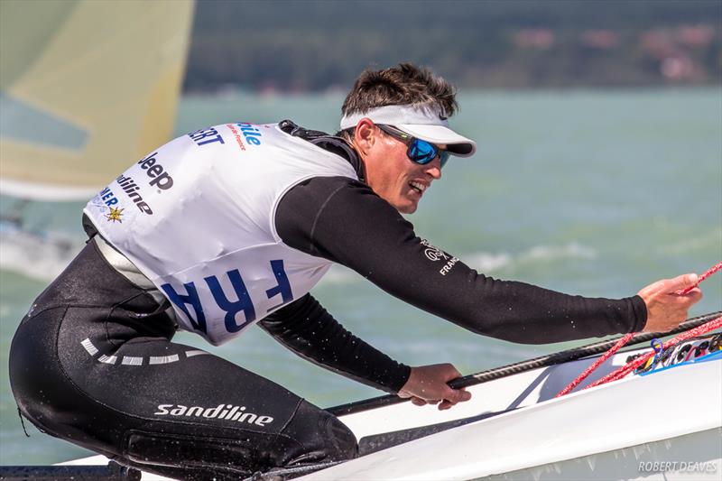 Jonathan Lobert on day two of the 2017 Opel Finn Gold Cup at Lake Balaton photo copyright Robert Deaves taken at Spartacus Sailing Club and featuring the Finn class