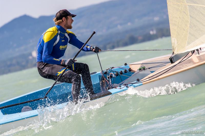 Max Salminen on day two of the 2017 Opel Finn Gold Cup at Lake Balaton photo copyright Robert Deaves taken at Spartacus Sailing Club and featuring the Finn class