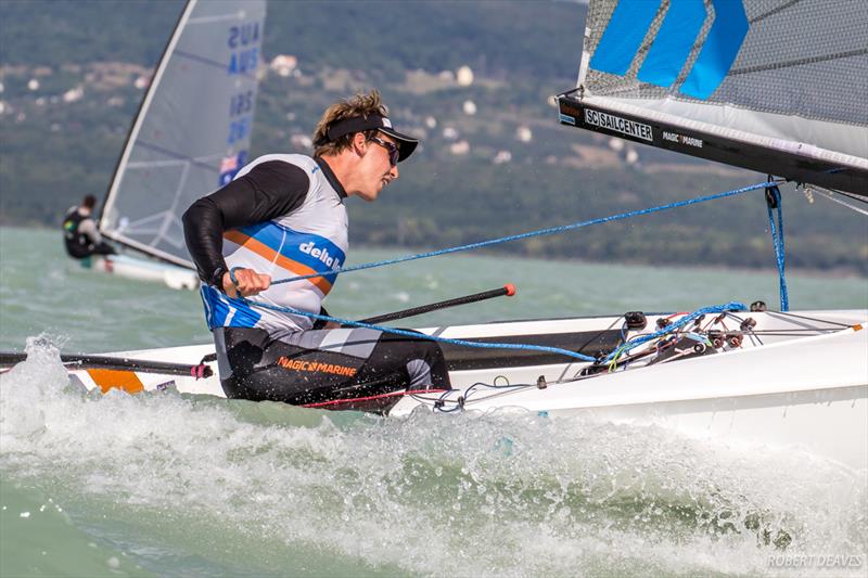 Nicholas Heiner on day two of the 2017 Opel Finn Gold Cup at Lake Balaton photo copyright Robert Deaves taken at Spartacus Sailing Club and featuring the Finn class