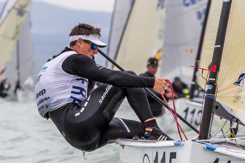 Jonathan Lobert on day four of the 2017 Opel Finn Gold Cup at Lake Balaton photo copyright Robert Deaves taken at Spartacus Sailing Club and featuring the Finn class
