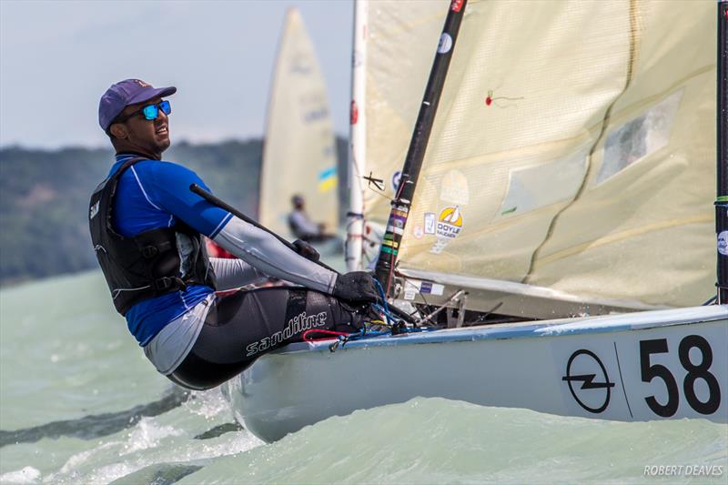 Rockal Evans during the 2017 Opel Finn Gold Cup at Lake Balaton photo copyright Robert Deaves taken at Spartacus Sailing Club and featuring the Finn class