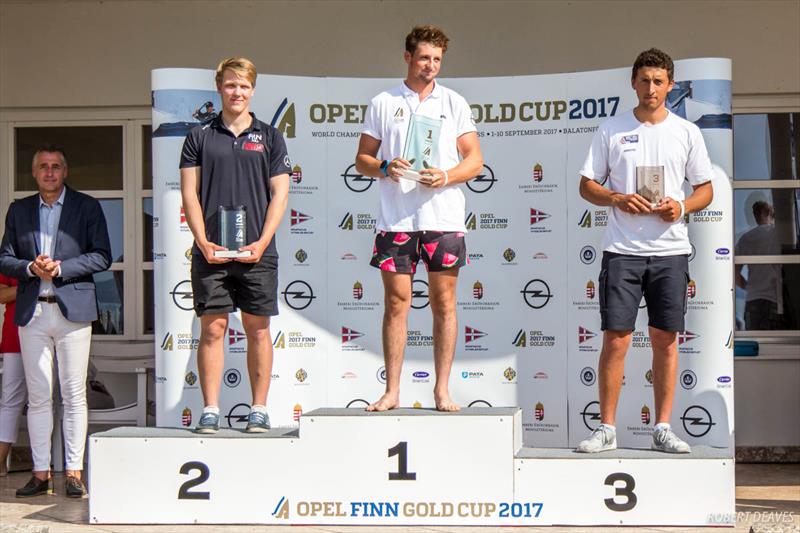 (l-r) Oskari Muhonen, Facundo Olezza, Henry Wetherell at the 2017 Opel Finn Gold Cup at Lake Balaton photo copyright Robert Deaves taken at Spartacus Sailing Club and featuring the Finn class
