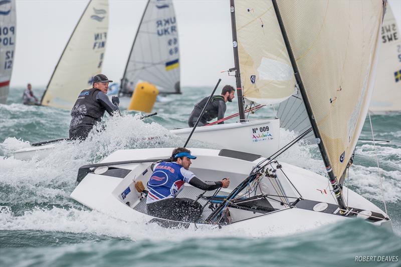 It got a bit hectic at times - Guillaume Boisard and Piotr Kula  on day 3 of the Finn Europeans in Cádiz, Spain - photo © Robert Deaves