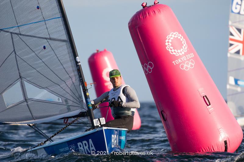 Jorge Zarif, BRA, on the first day of Finn class racing at the Tokyo 2020 Olympic Sailing Competition photo copyright Robert Deaves / www.robertdeaves.uk taken at  and featuring the Finn class