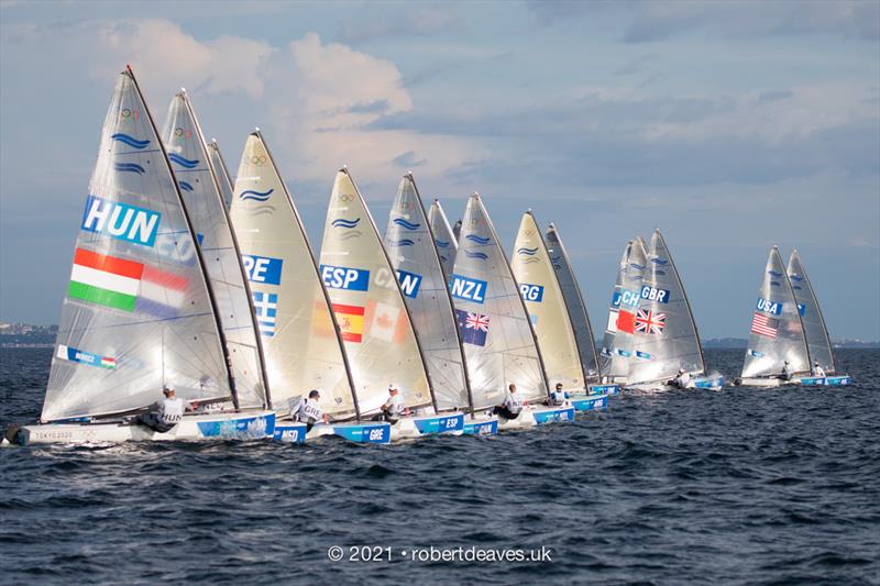 Start of race 2 on the first day of Finn class racing at the Tokyo 2020 Olympic Sailing Competition photo copyright Robert Deaves / www.robertdeaves.uk taken at  and featuring the Finn class