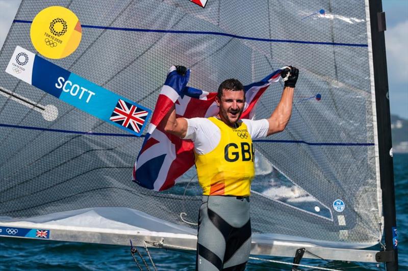 Finn class Gold for Giles Scott (GBR) at the Tokyo 2020 Olympic Sailing Competition photo copyright Sailing Energy / World Sailing taken at  and featuring the Finn class