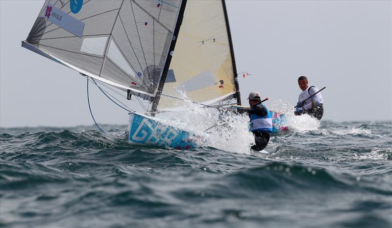 Finn racing on day six of the London 2012 Olympic Sailing Competition