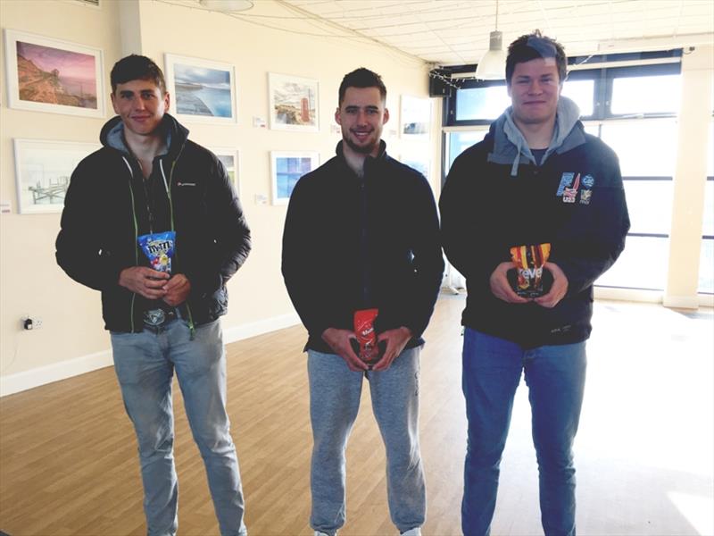 Finn Class winners (from left to right: Hector Simpson 2nd, Cameron Tweedle 3rd, Callum Dixon 1st) - RYA Olympic Spring Series photo copyright RYA taken at Royal Yachting Association and featuring the Finn class