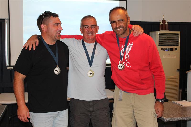 Left to right – Chris Goodyer (2nd), Karl Purdie (1st), Ray Hall (3rd) - 2023 Finn North Island & National Championships photo copyright Gayle Carmichael taken at Plimmerton Boating Club and featuring the Finn class