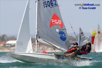 Ben Schultz & Phil Bowley on day four of the Fireball worlds at Mandurah, Australia