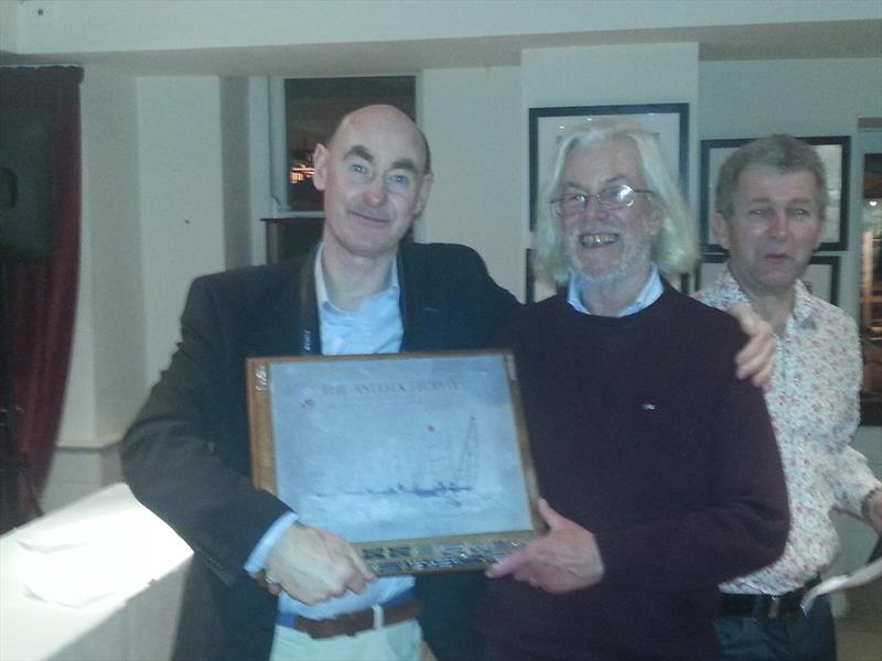 Bob Hobby (C) collects the Asterix Trophy from Frank Miller (Irish Fireball fleet prizegiving) - photo © Cormac Bradley