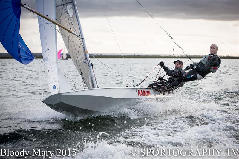 Tom Gillard and Richard Anderton win the 2015 Bloody Mary Pursuit Race photo copyright Alex Irwin / www.sportography.tv taken at Queen Mary Sailing Club and featuring the Fireball class